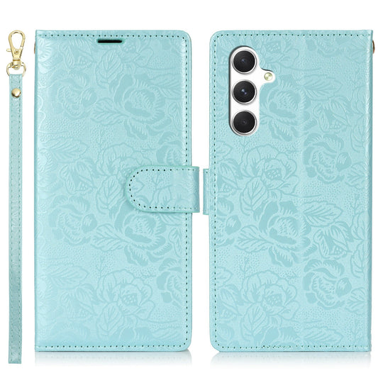 For Samsung Galaxy A16 4G / 5G Case with Hand Strap Flower Imprint Leather Wallet Phone Cover - Blue