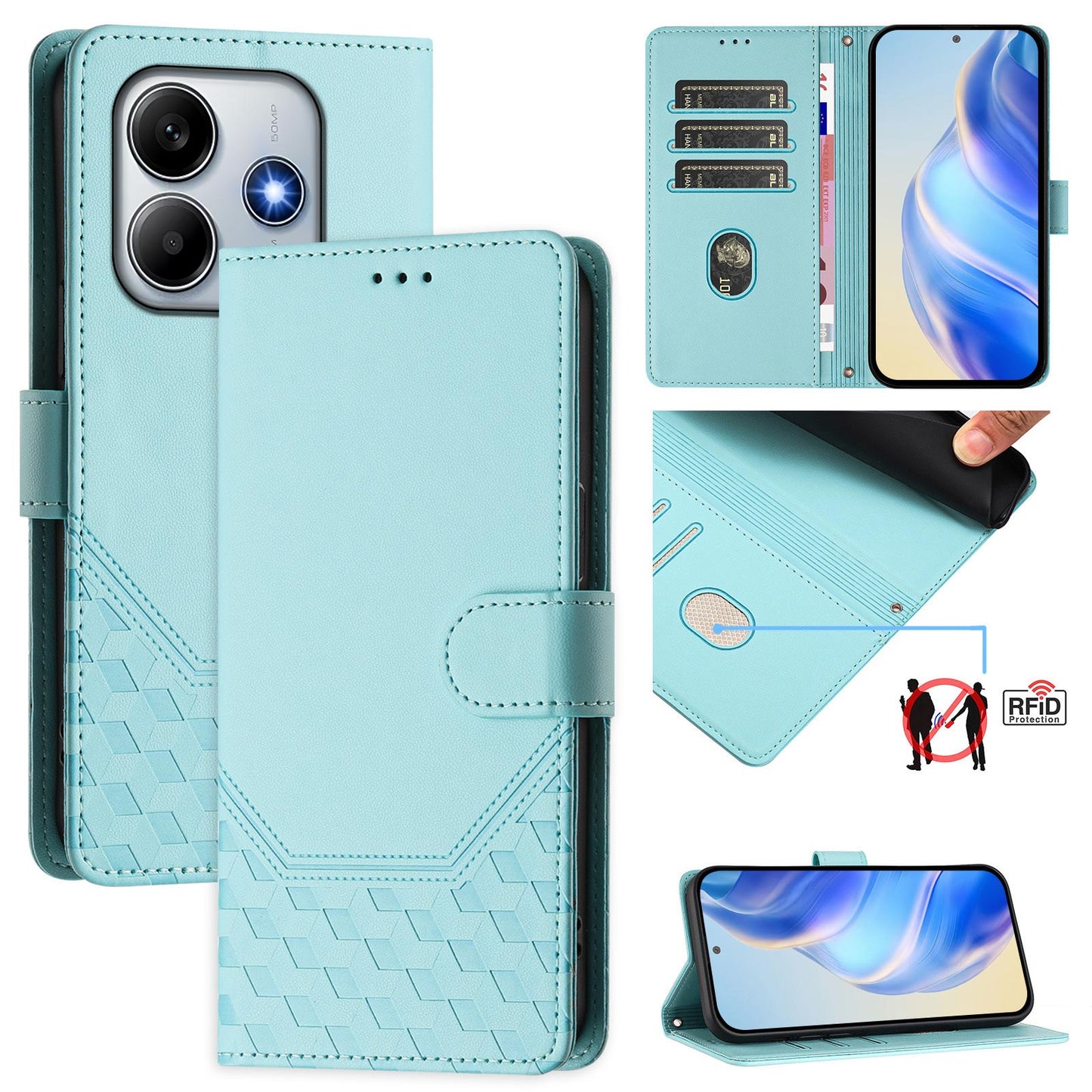 For Xiaomi Redmi Note 14 5G Case Imprinted Honeycomb RFID Blocking Leather Phone Cover with Strap - Mint Green