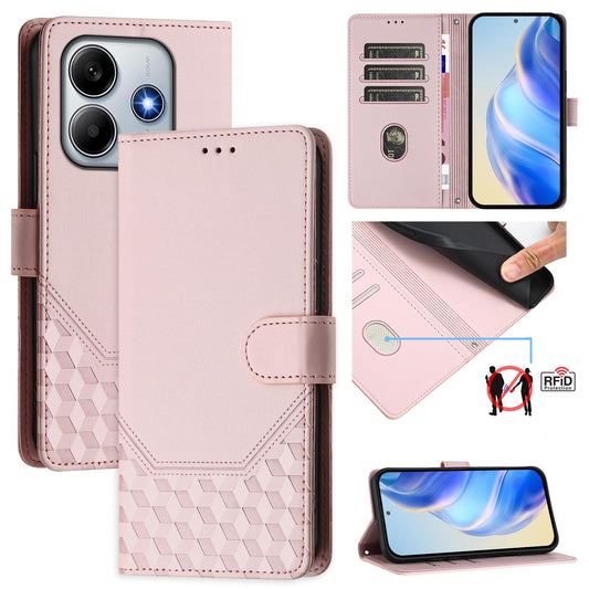For Xiaomi Redmi Note 14 5G Case Imprinted Honeycomb RFID Blocking Leather Phone Cover with Strap - Pink