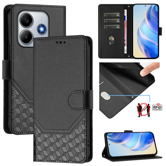 For Xiaomi Redmi Note 14 5G Case Imprinted Honeycomb RFID Blocking Leather Phone Cover with Strap - Black