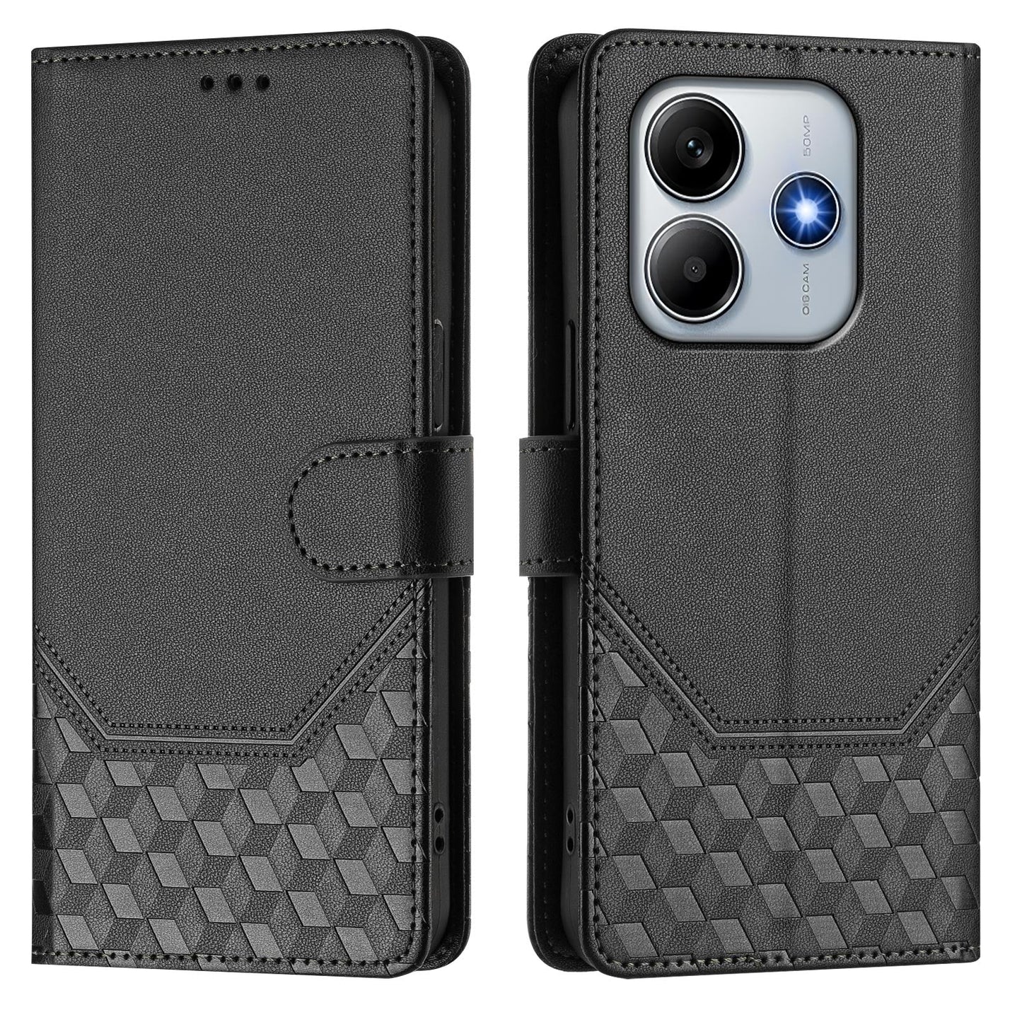 For Xiaomi Redmi Note 14 5G Case Imprinted Honeycomb RFID Blocking Leather Phone Cover with Strap - Black