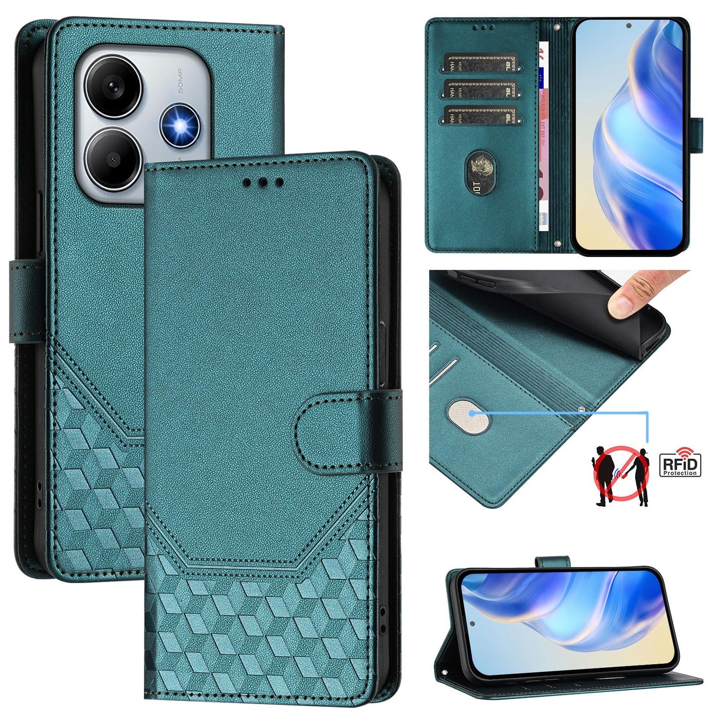 For Xiaomi Redmi Note 14 5G Case Imprinted Honeycomb RFID Blocking Leather Phone Cover with Strap - Green
