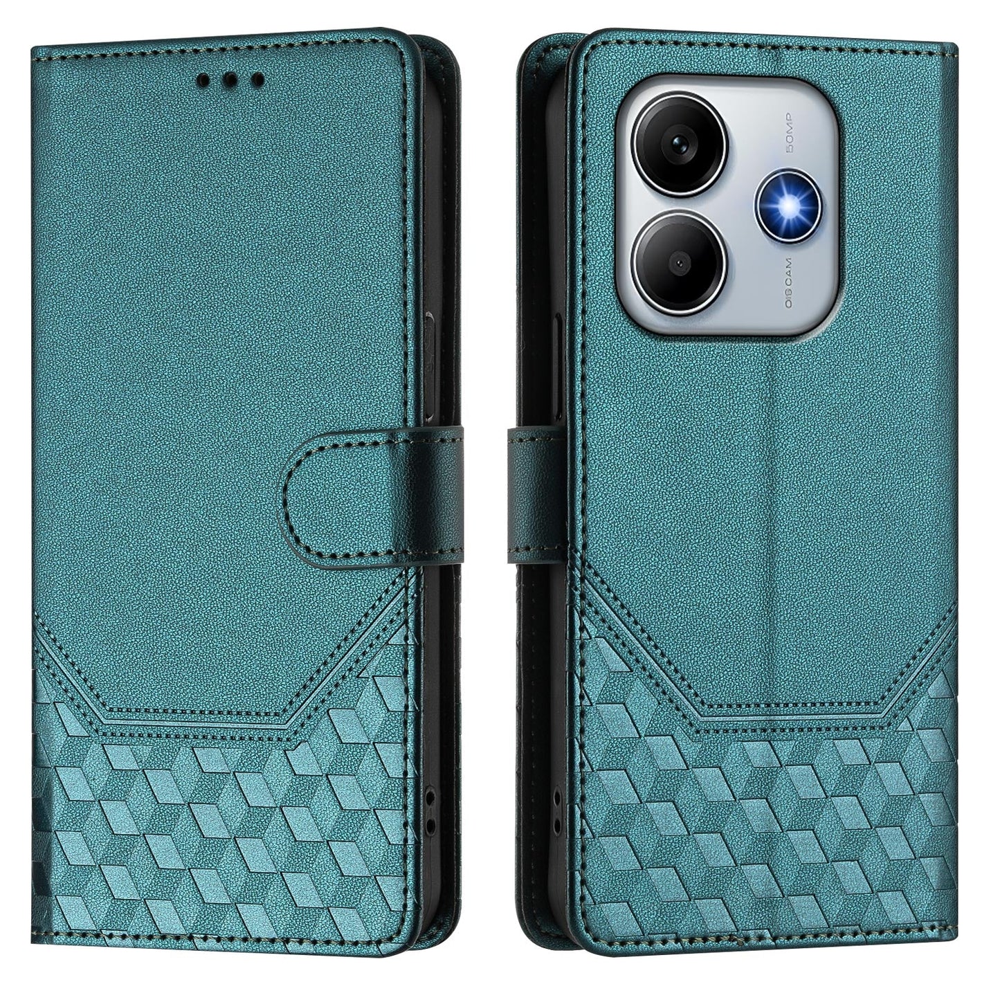 For Xiaomi Redmi Note 14 5G Case Imprinted Honeycomb RFID Blocking Leather Phone Cover with Strap - Green