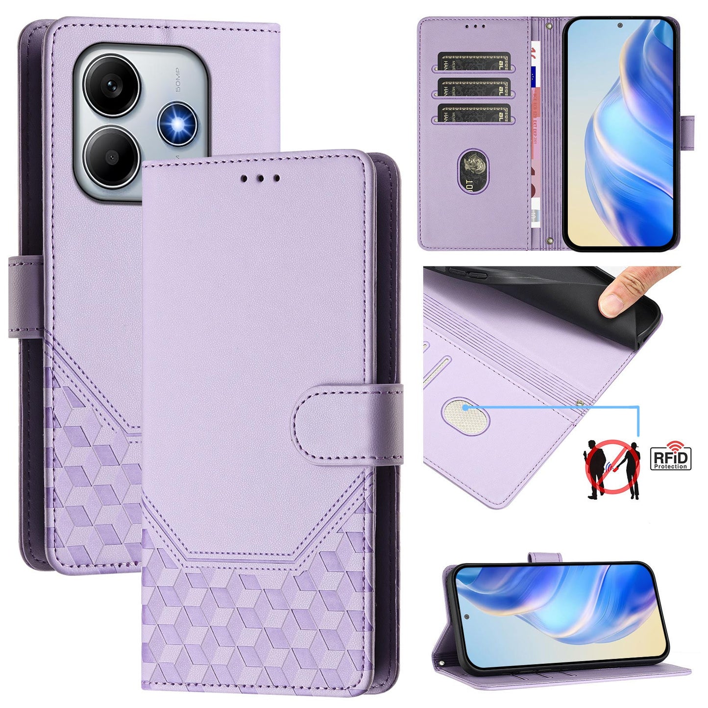 For Xiaomi Redmi Note 14 5G Case Imprinted Honeycomb RFID Blocking Leather Phone Cover with Strap - Light Purple