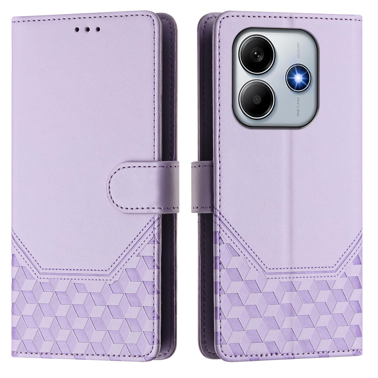 For Xiaomi Redmi Note 14 5G Case Imprinted Honeycomb RFID Blocking Leather Phone Cover with Strap - Light Purple