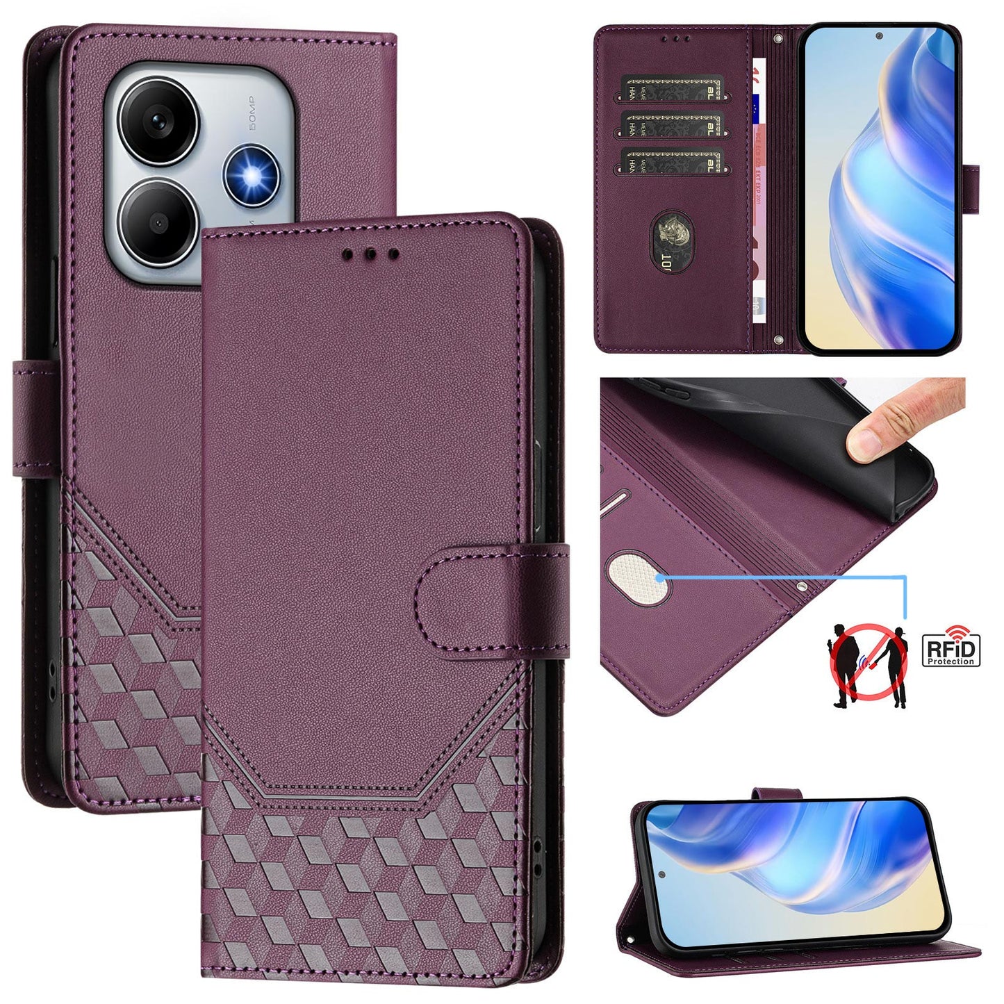 For Xiaomi Redmi Note 14 5G Case Imprinted Honeycomb RFID Blocking Leather Phone Cover with Strap - Dark Purple