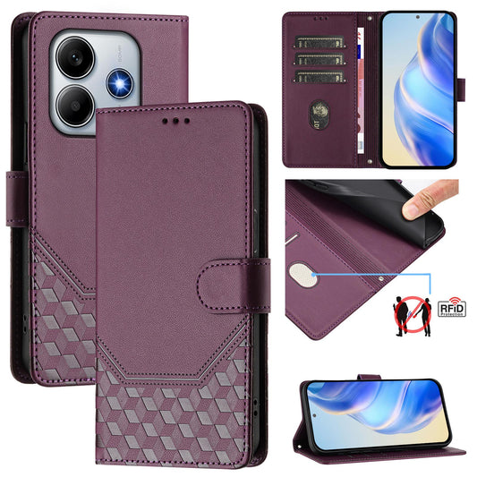 For Xiaomi Redmi Note 14 5G Case Imprinted Honeycomb RFID Blocking Leather Phone Cover with Strap - Dark Purple