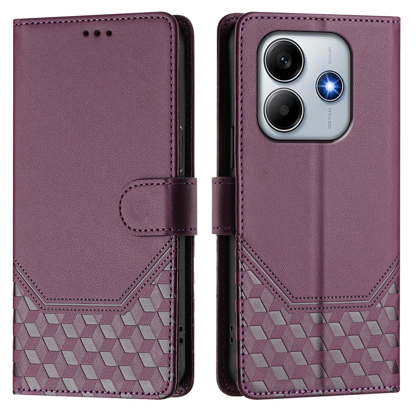 For Xiaomi Redmi Note 14 5G Case Imprinted Honeycomb RFID Blocking Leather Phone Cover with Strap - Dark Purple