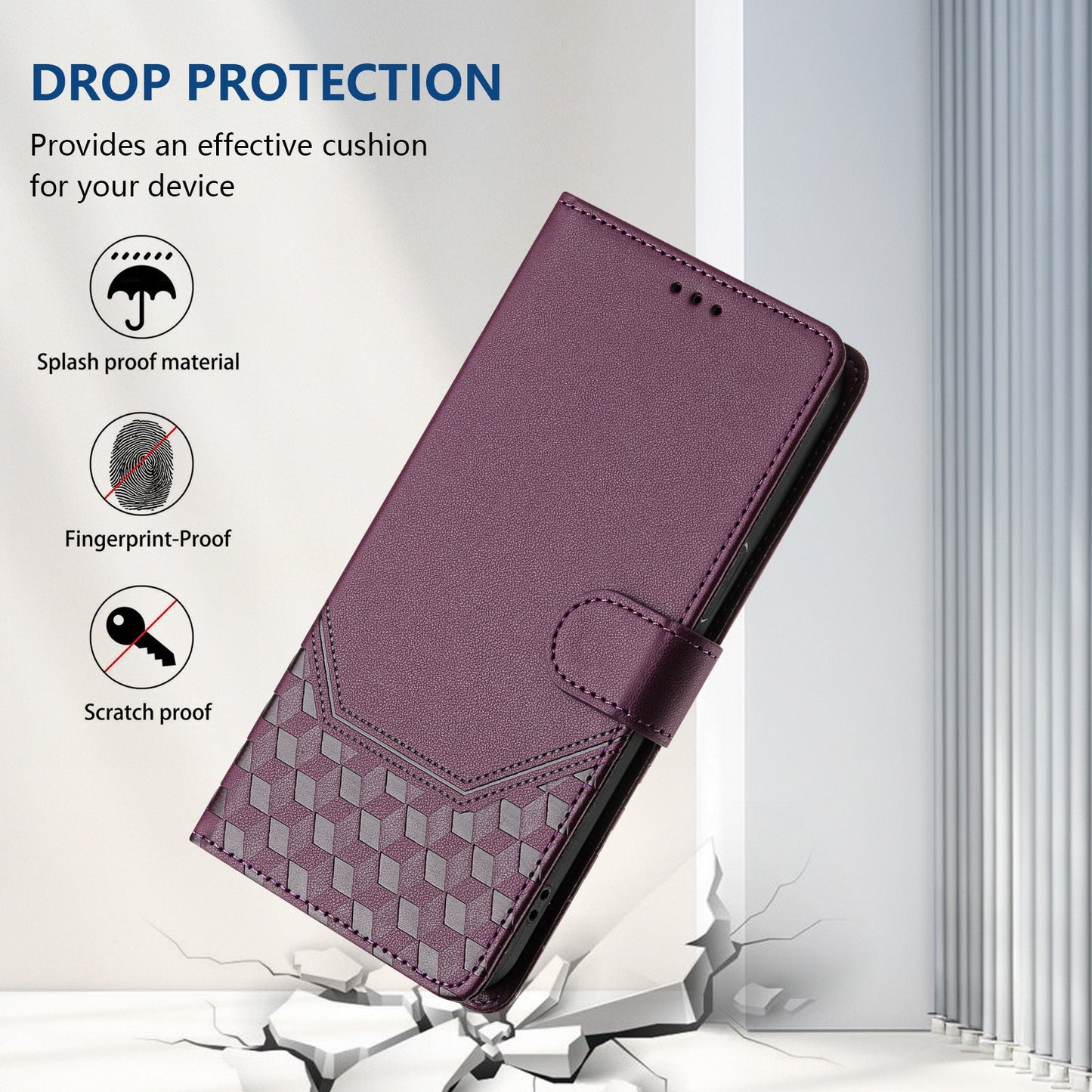 For Xiaomi Redmi Note 14 5G Case Imprinted Honeycomb RFID Blocking Leather Phone Cover with Strap - Dark Purple