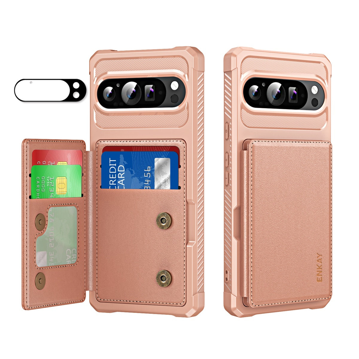 For Google Pixel 9 / Google Pixel 9 Pro ENKAY Hat-Prince Wallet Card Slot Kickstand PU Leather +TPU Back Phone Cover with Camera Lens Film - Rose Gold