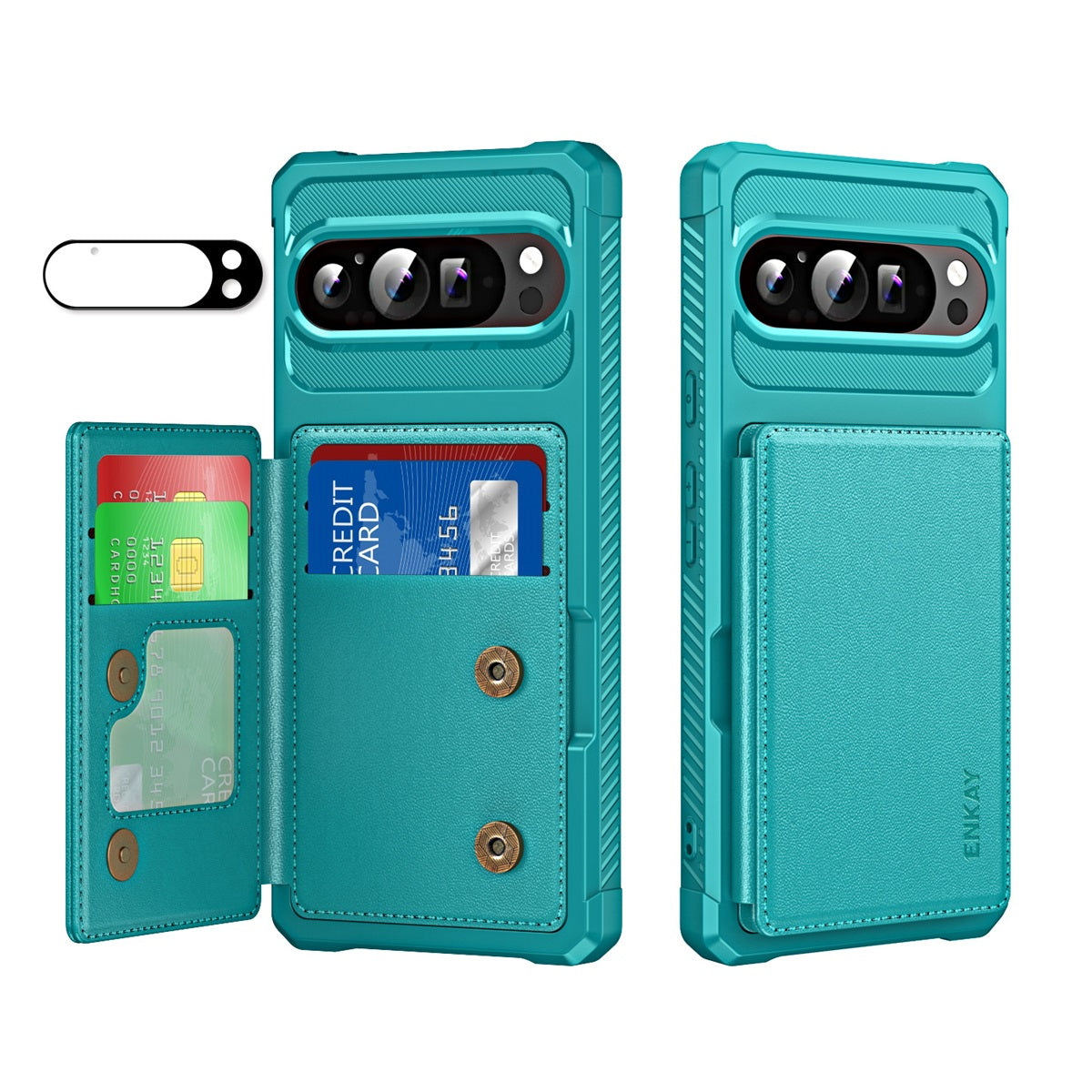 For Google Pixel 9 / Google Pixel 9 Pro ENKAY Hat-Prince Wallet Card Slot Kickstand PU Leather +TPU Back Phone Cover with Camera Lens Film - Cyan