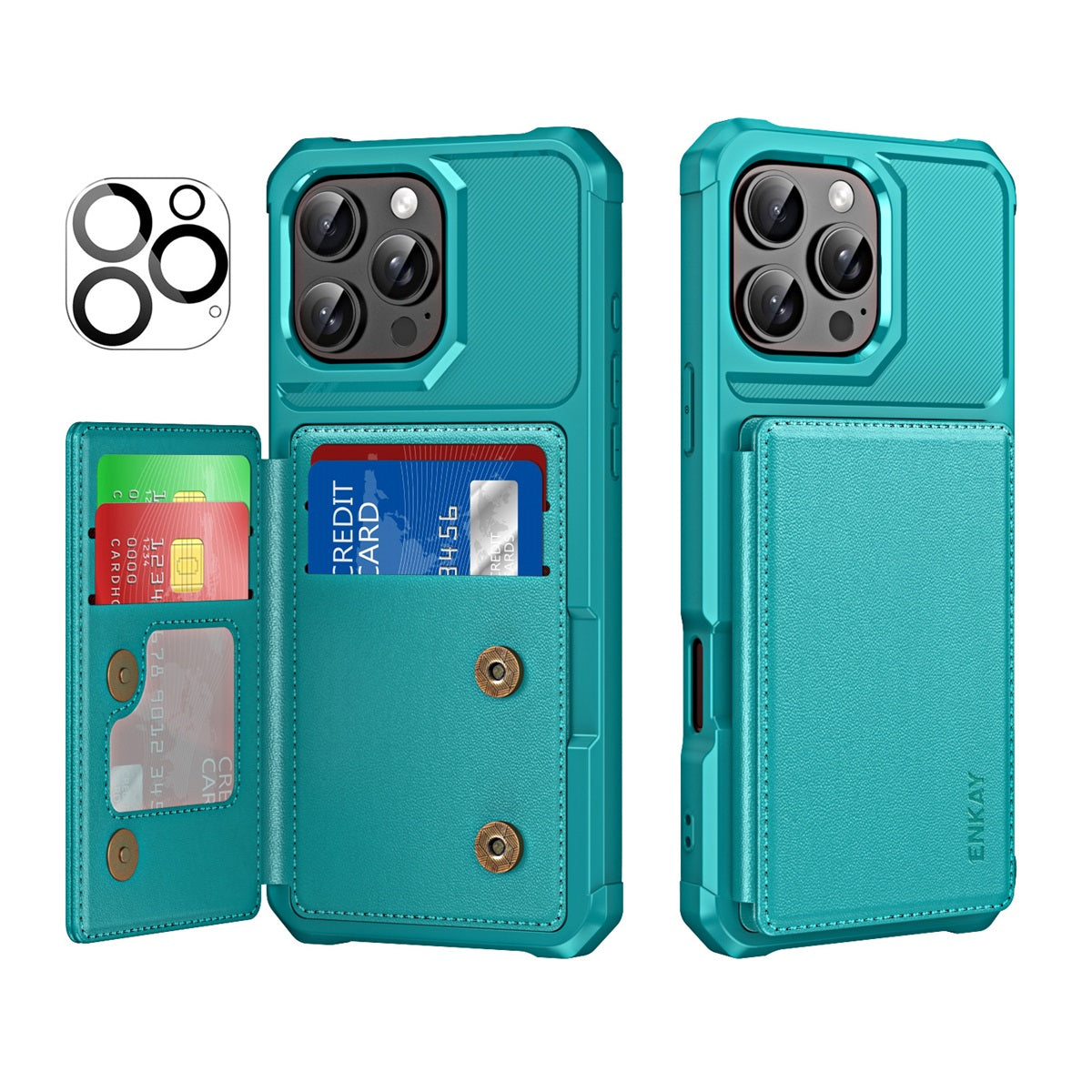 For iPhone 16 Pro ENKAY Hat-Prince Wallet Card Slot Kickstand PU Leather +TPU Back Phone Cover with Camera Lens Film - Cyan