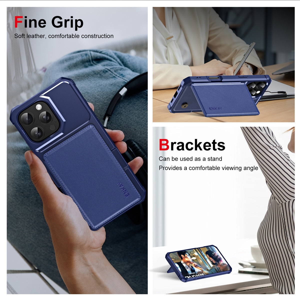 For iPhone 16 Pro ENKAY Hat-Prince Wallet Card Slot Kickstand PU Leather +TPU Back Phone Cover with Camera Lens Film - Cyan