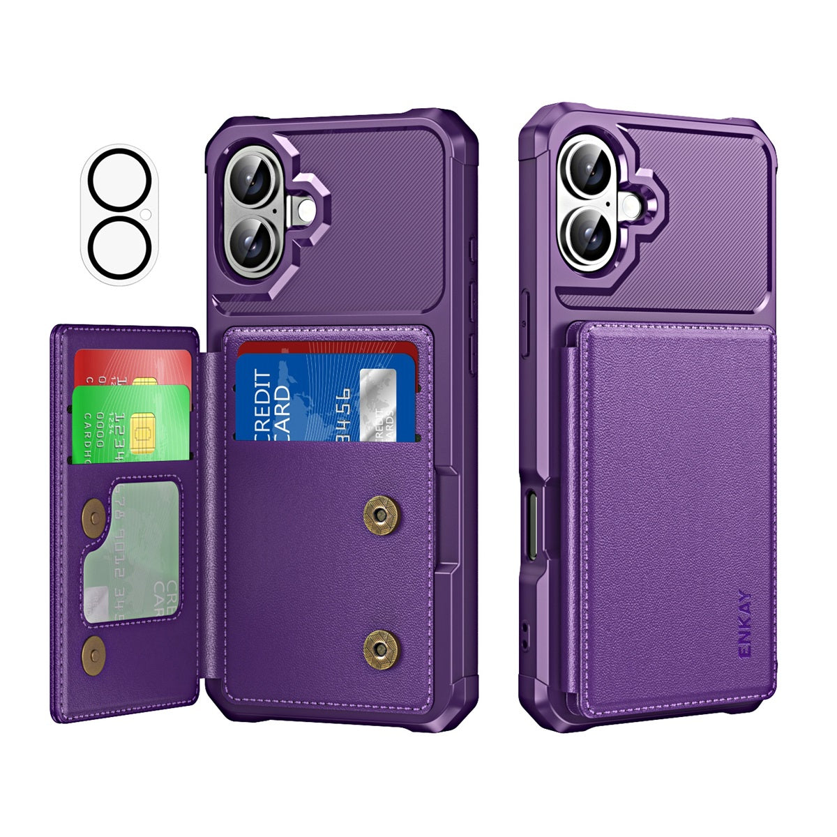 For iPhone 16 Plus ENKAY Hat-Prince Wallet Card Slot Kickstand PU Leather +TPU Back Phone Cover with Camera Lens Film - Purple
