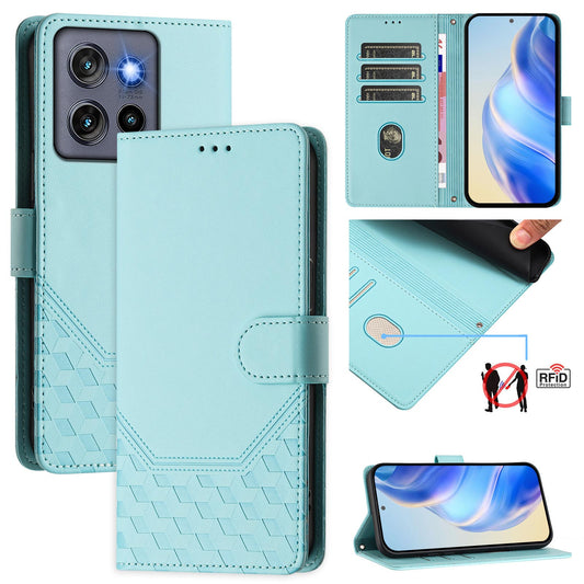 For Motorola Edge 50 Neo 5G / Moto S50 5G / Thinkphone 25 5G Case Imprinted Honeycomb RFID Blocking Leather Phone Cover with Strap - Mint Green
