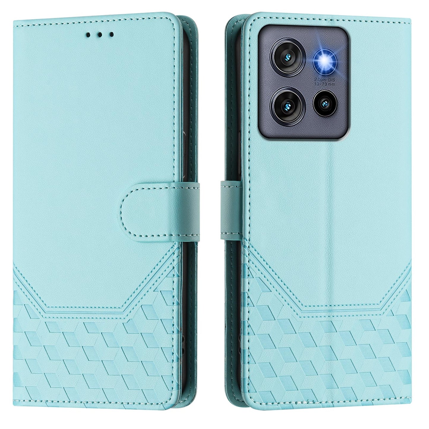For Motorola Edge 50 Neo 5G / Moto S50 5G / Thinkphone 25 5G Case Imprinted Honeycomb RFID Blocking Leather Phone Cover with Strap - Mint Green