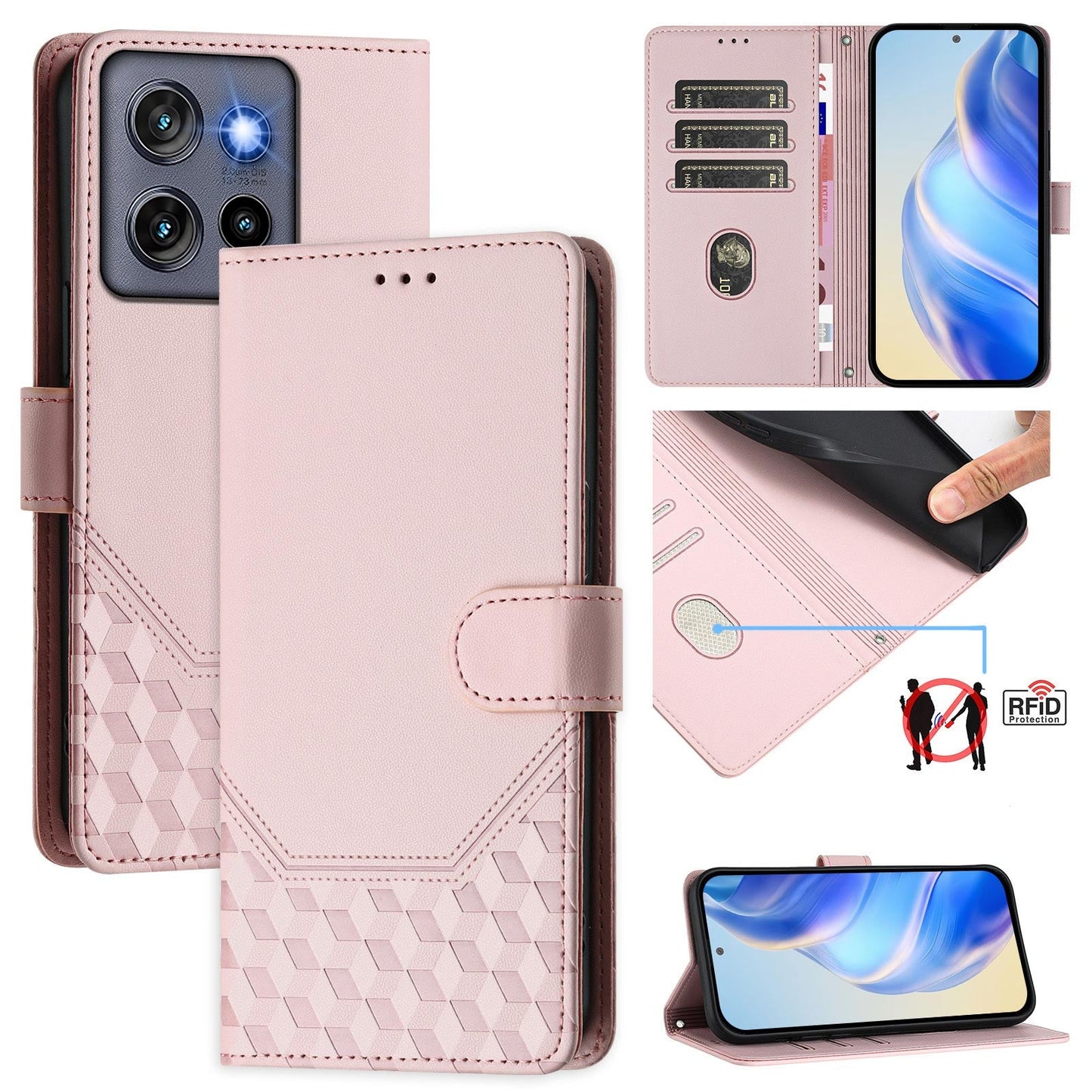For Motorola Edge 50 Neo 5G / Moto S50 5G / Thinkphone 25 5G Case Imprinted Honeycomb RFID Blocking Leather Phone Cover with Strap - Pink
