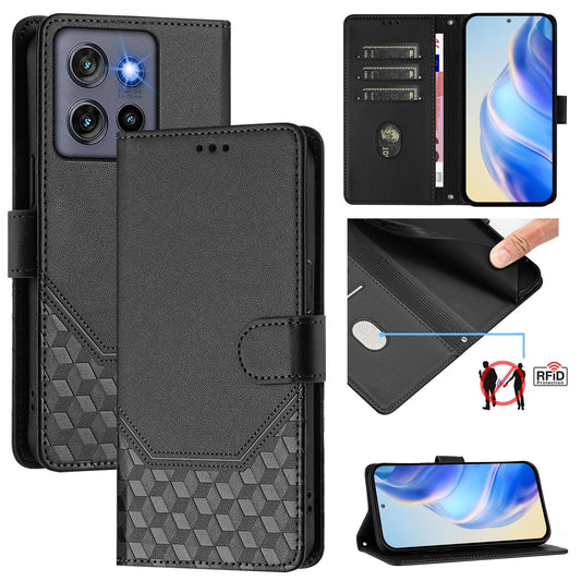 For Motorola Edge 50 Neo 5G / Moto S50 5G / Thinkphone 25 5G Case Imprinted Honeycomb RFID Blocking Leather Phone Cover with Strap - Black