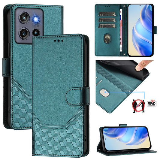 For Motorola Edge 50 Neo 5G / Moto S50 5G / Thinkphone 25 5G Case Imprinted Honeycomb RFID Blocking Leather Phone Cover with Strap - Green