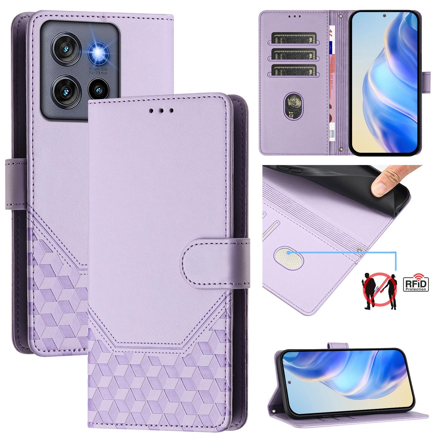 For Motorola Edge 50 Neo 5G / Moto S50 5G / Thinkphone 25 5G Case Imprinted Honeycomb RFID Blocking Leather Phone Cover with Strap - Light Purple