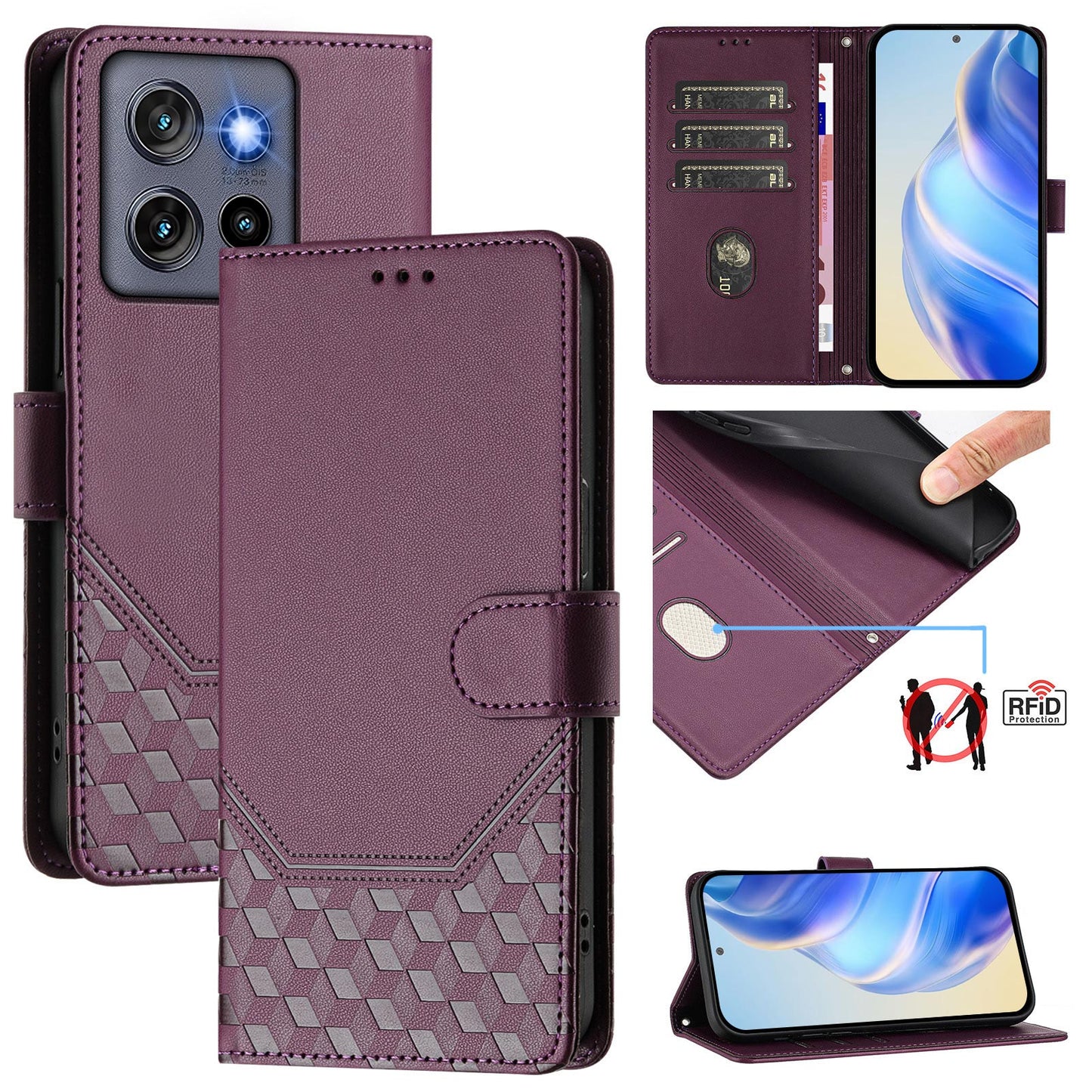 For Motorola Edge 50 Neo 5G / Moto S50 5G / Thinkphone 25 5G Case Imprinted Honeycomb RFID Blocking Leather Phone Cover with Strap - Dark Purple
