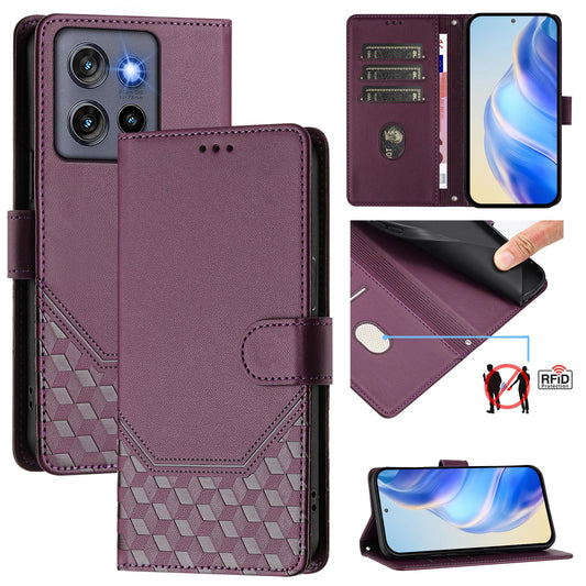 For Motorola Edge 50 Neo 5G / Moto S50 5G / Thinkphone 25 5G Case Imprinted Honeycomb RFID Blocking Leather Phone Cover with Strap - Dark Purple