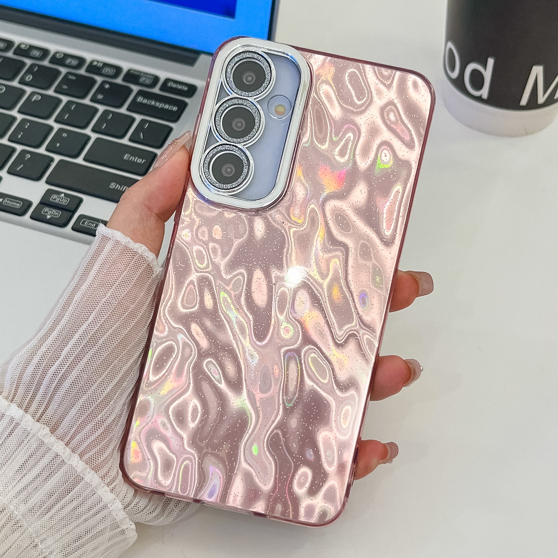 For Samsung Galaxy A16 4G / 5G Case IMD Design Shockproof PC+TPU Phone Cover with Glass Lens Film - Wrinkle Pattern / Pink