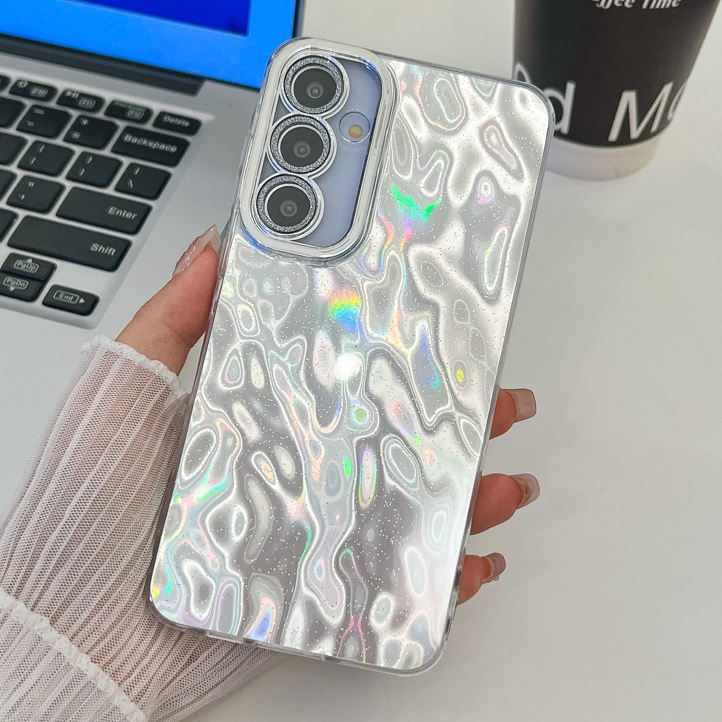 For Samsung Galaxy A16 4G / 5G Case IMD Design Shockproof PC+TPU Phone Cover with Glass Lens Film - Wrinkle Pattern / Silver