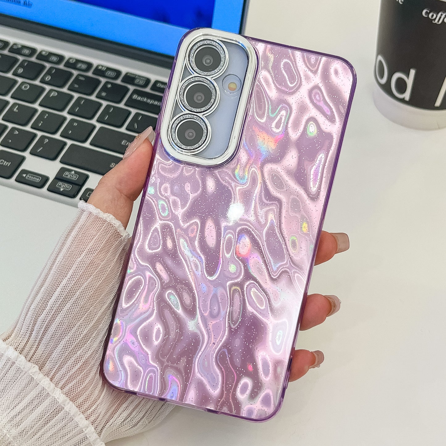 For Samsung Galaxy A16 4G / 5G Case IMD Design Shockproof PC+TPU Phone Cover with Glass Lens Film - Wrinkle Pattern / Purple