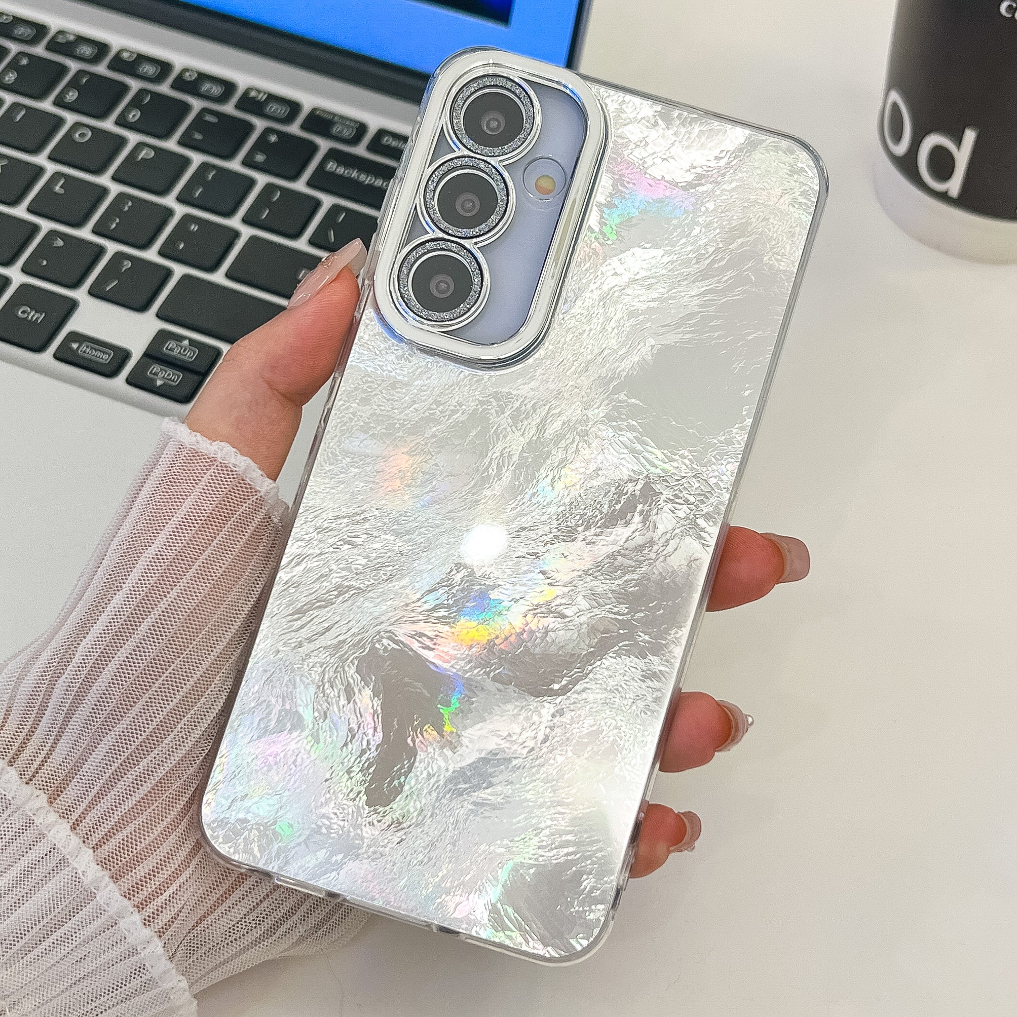 For Samsung Galaxy A16 4G / 5G Case IMD Design Shockproof PC+TPU Phone Cover with Glass Lens Film - Foil Pattern / Silver