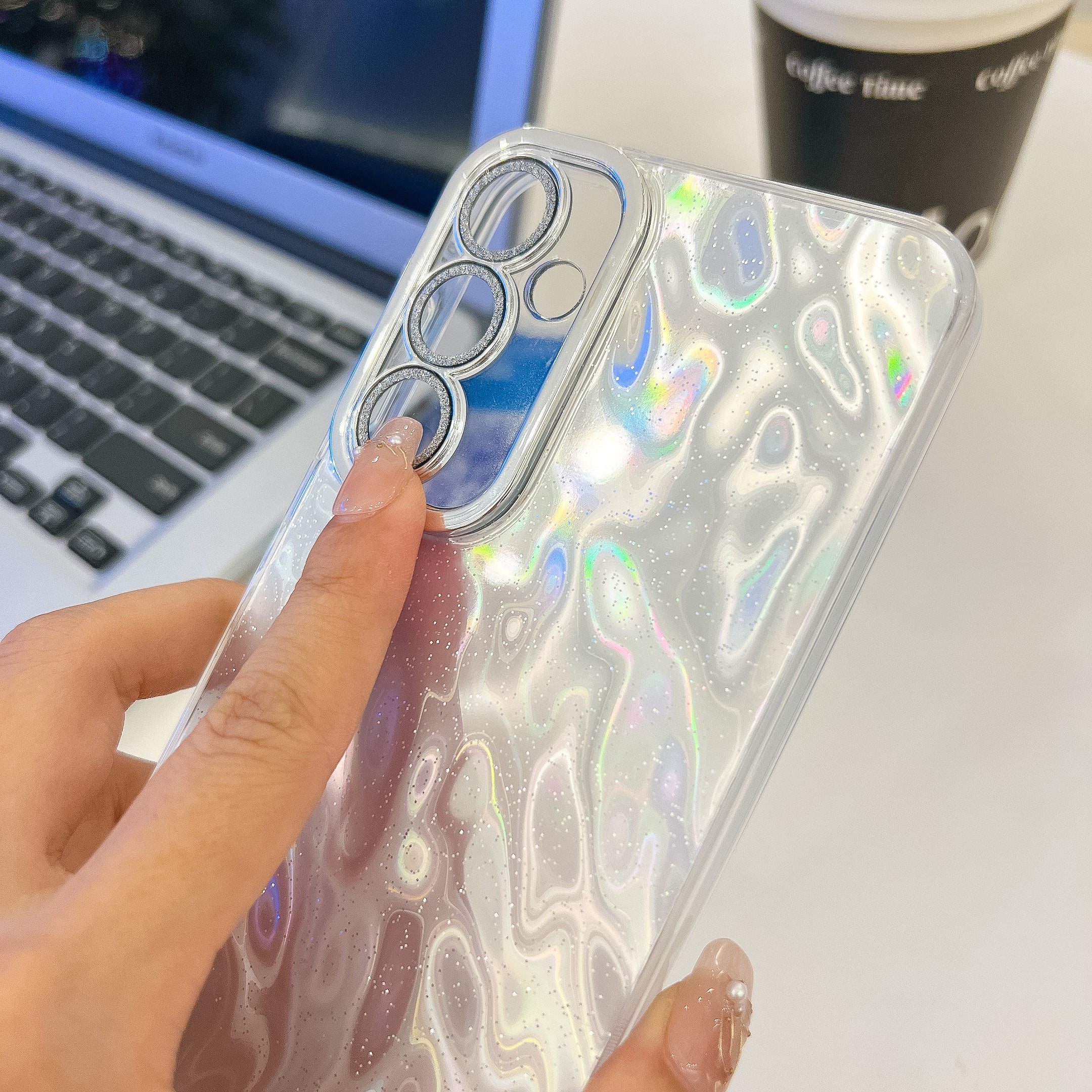 For Samsung Galaxy A16 4G / 5G Case IMD Design Shockproof PC+TPU Phone Cover with Glass Lens Film - Foil Pattern / Silver