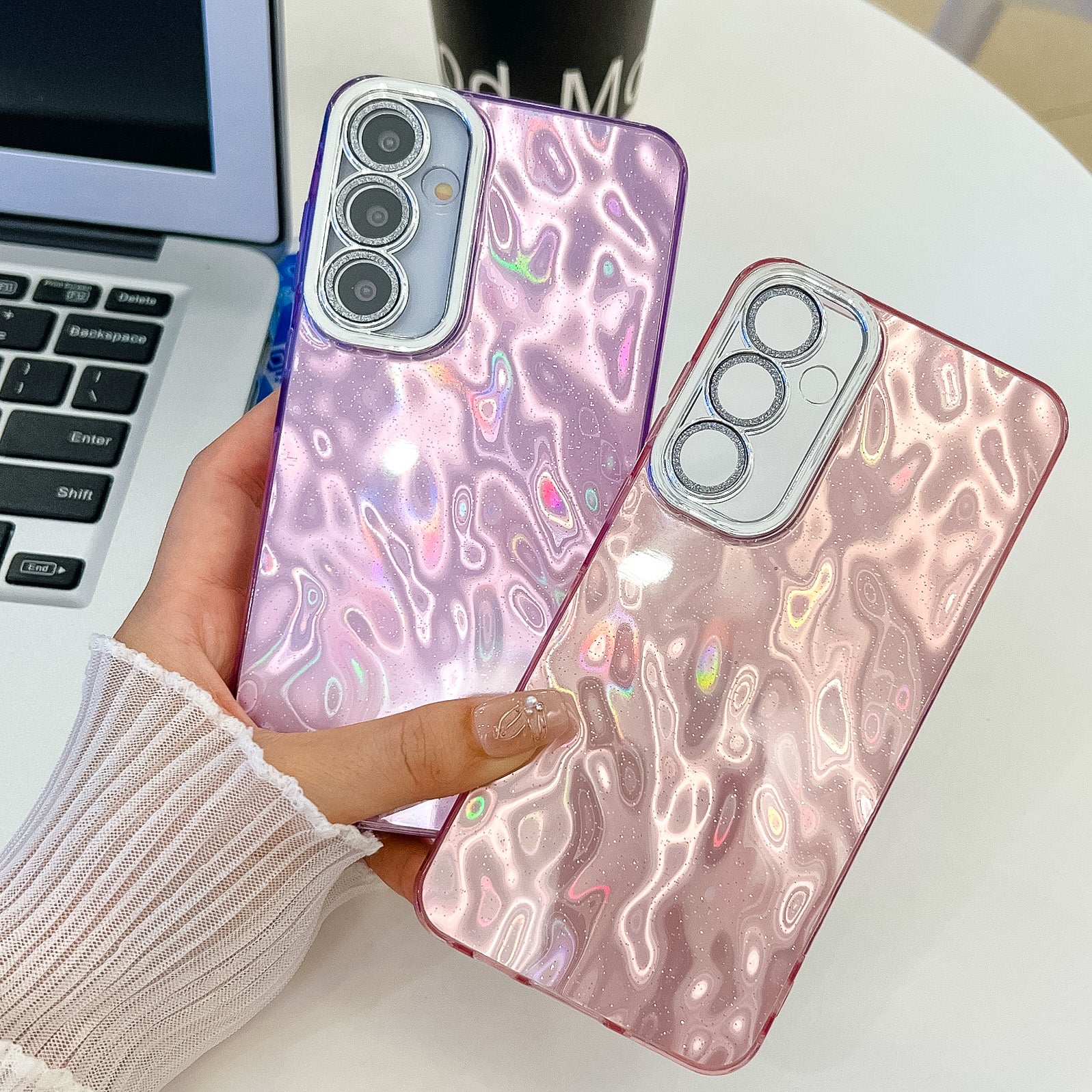For Samsung Galaxy A16 4G / 5G Case IMD Design Shockproof PC+TPU Phone Cover with Glass Lens Film - Foil Pattern / Silver