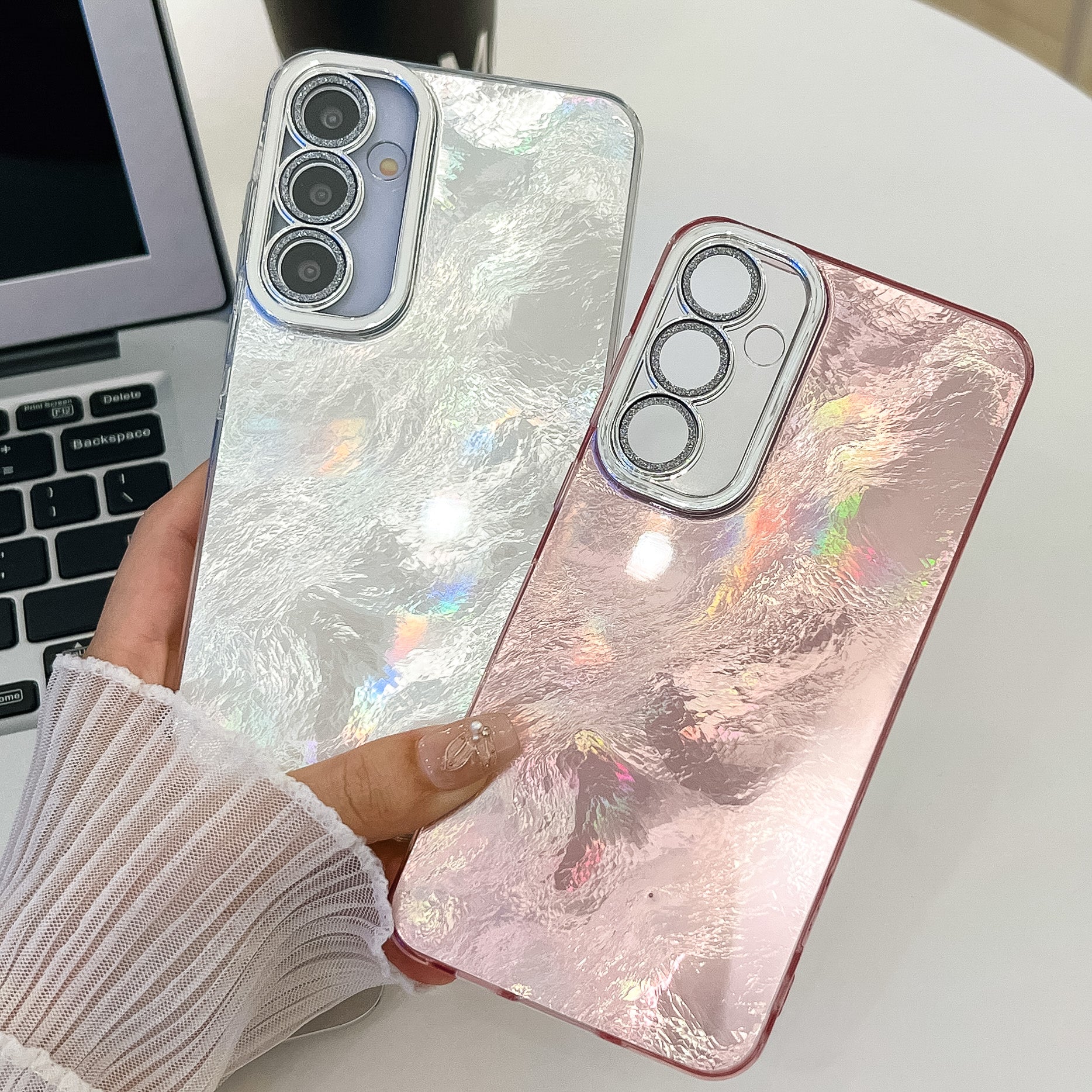 For Samsung Galaxy A16 4G / 5G Case IMD Design Shockproof PC+TPU Phone Cover with Glass Lens Film - Foil Pattern / Silver