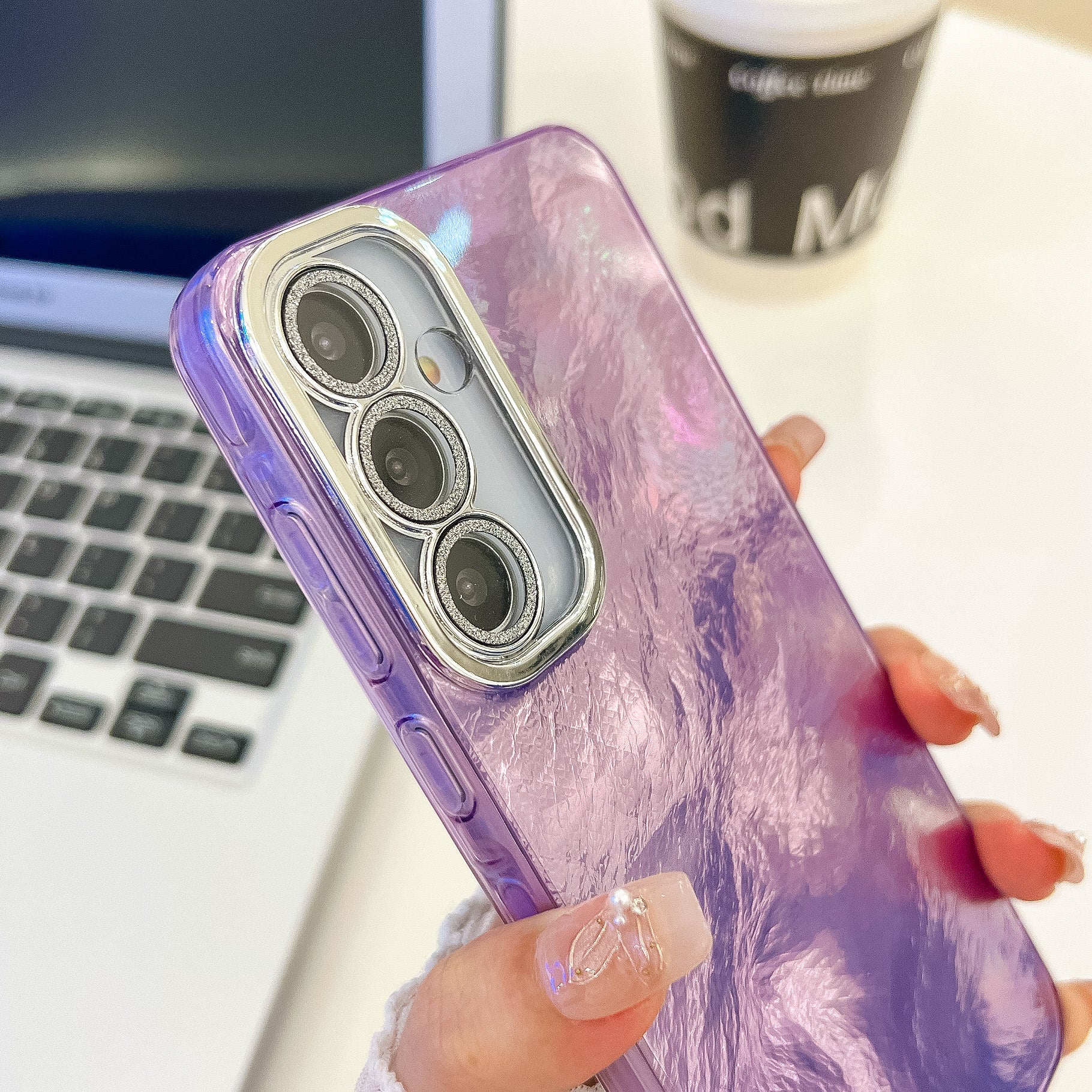 For Samsung Galaxy A16 4G / 5G Case IMD Design Shockproof PC+TPU Phone Cover with Glass Lens Film - Foil Pattern / Silver