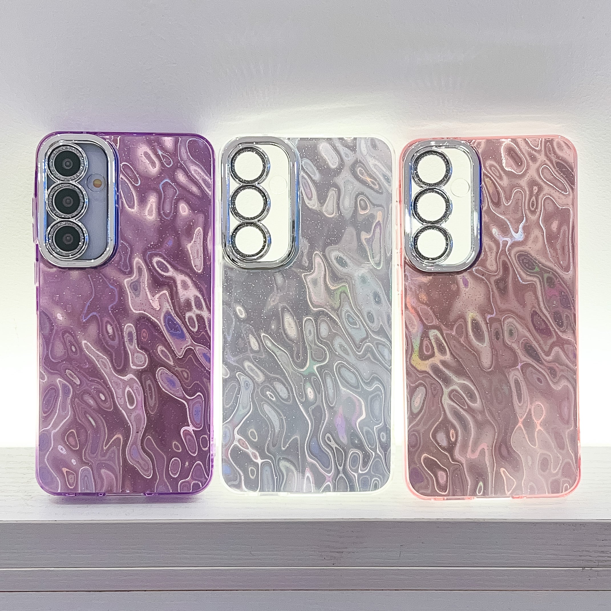 For Samsung Galaxy A16 4G / 5G Case IMD Design Shockproof PC+TPU Phone Cover with Glass Lens Film - Foil Pattern / Silver