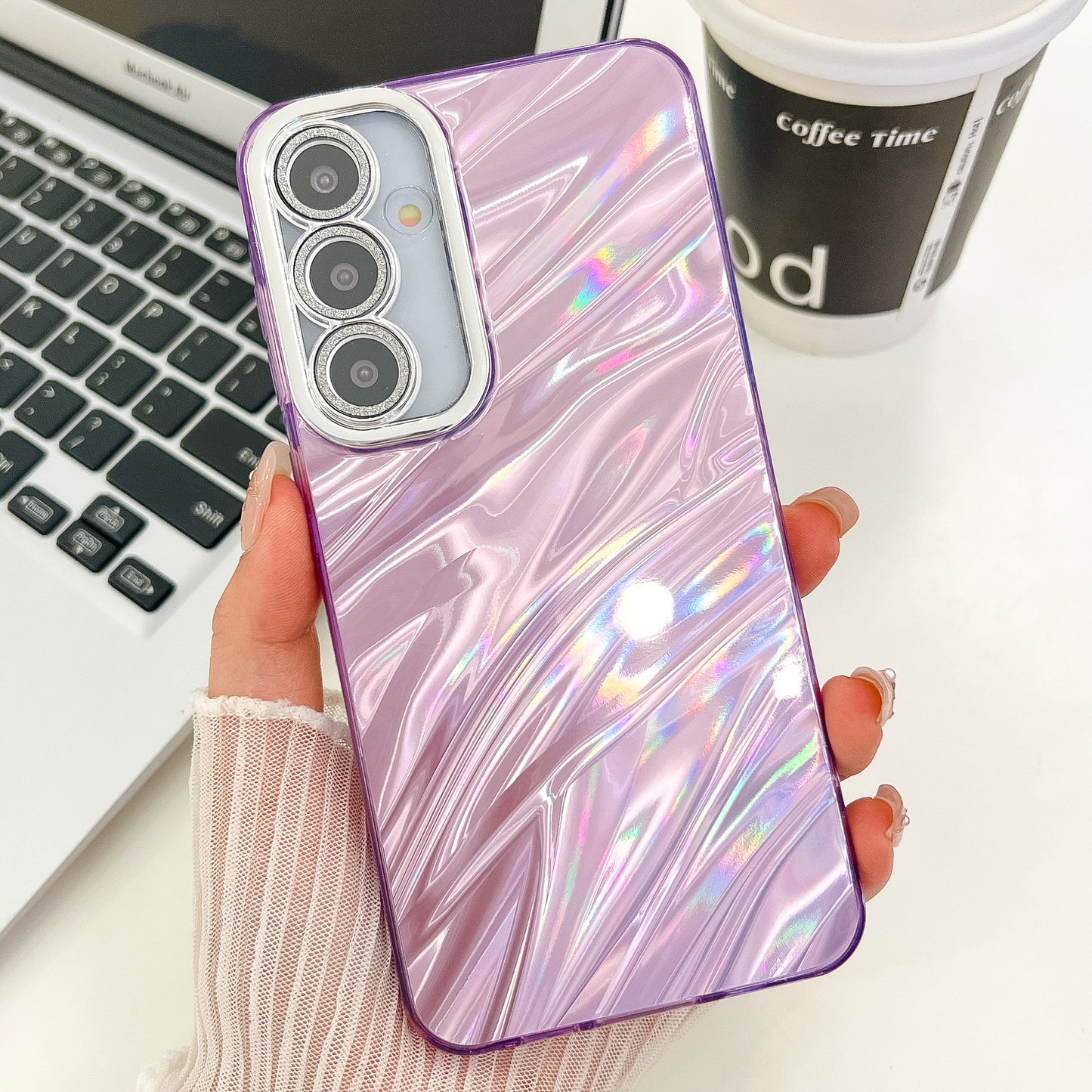 For Samsung Galaxy A16 4G / 5G Case IMD Design Shockproof PC+TPU Phone Cover with Glass Lens Film - Ripple Pattern / Purple