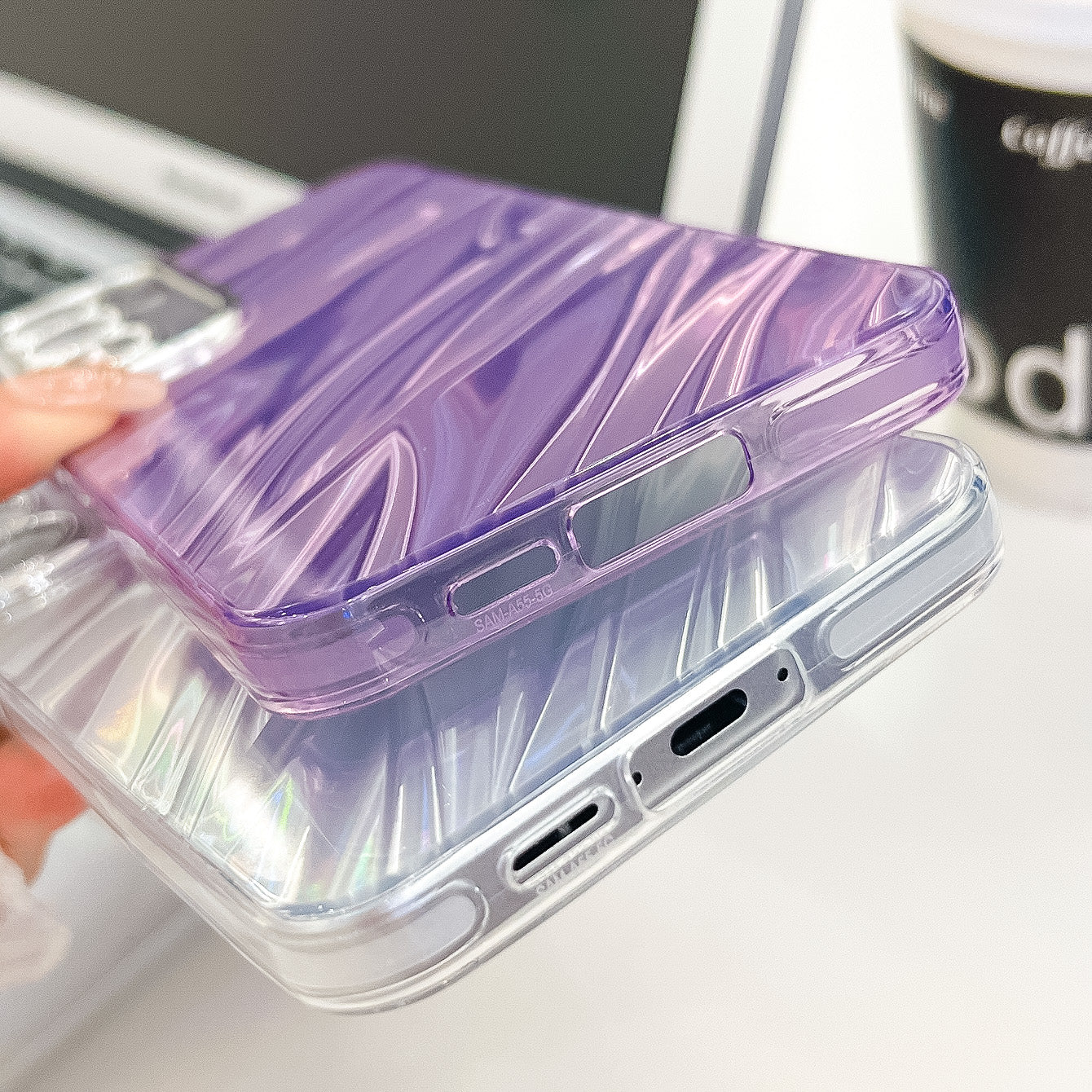 For Samsung Galaxy A16 4G / 5G Case IMD Design Shockproof PC+TPU Phone Cover with Glass Lens Film - Ripple Pattern / Purple