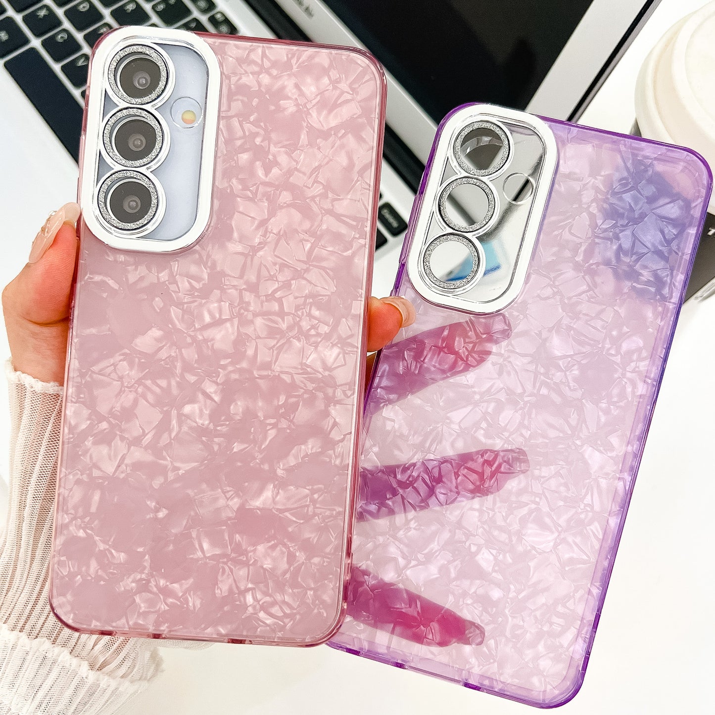 For Samsung Galaxy A16 4G / 5G Case IMD Design Shockproof PC+TPU Phone Cover with Glass Lens Film - Ripple Pattern / Purple