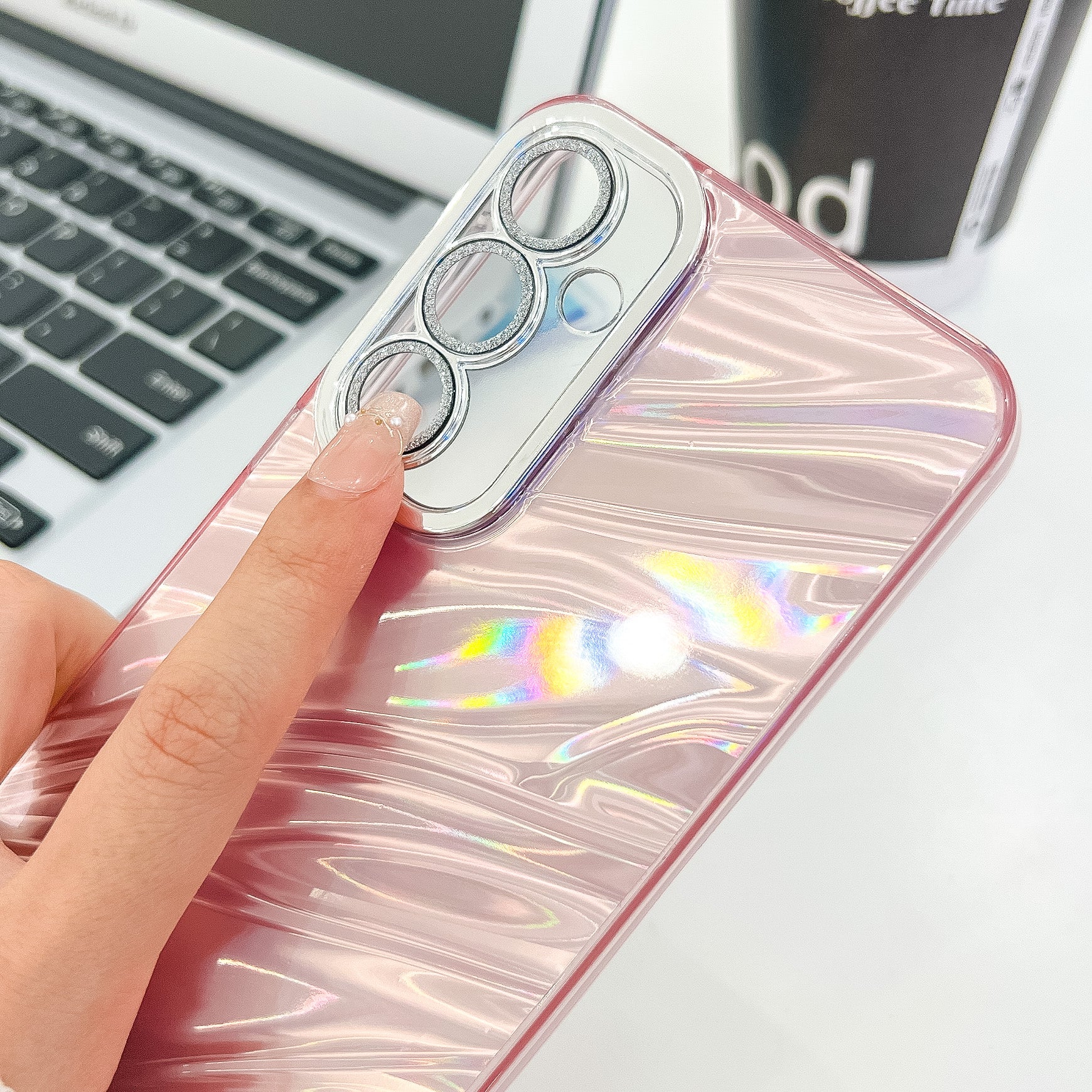 For Samsung Galaxy A16 4G / 5G Case IMD Design Shockproof PC+TPU Phone Cover with Glass Lens Film - Ripple Pattern / Silver