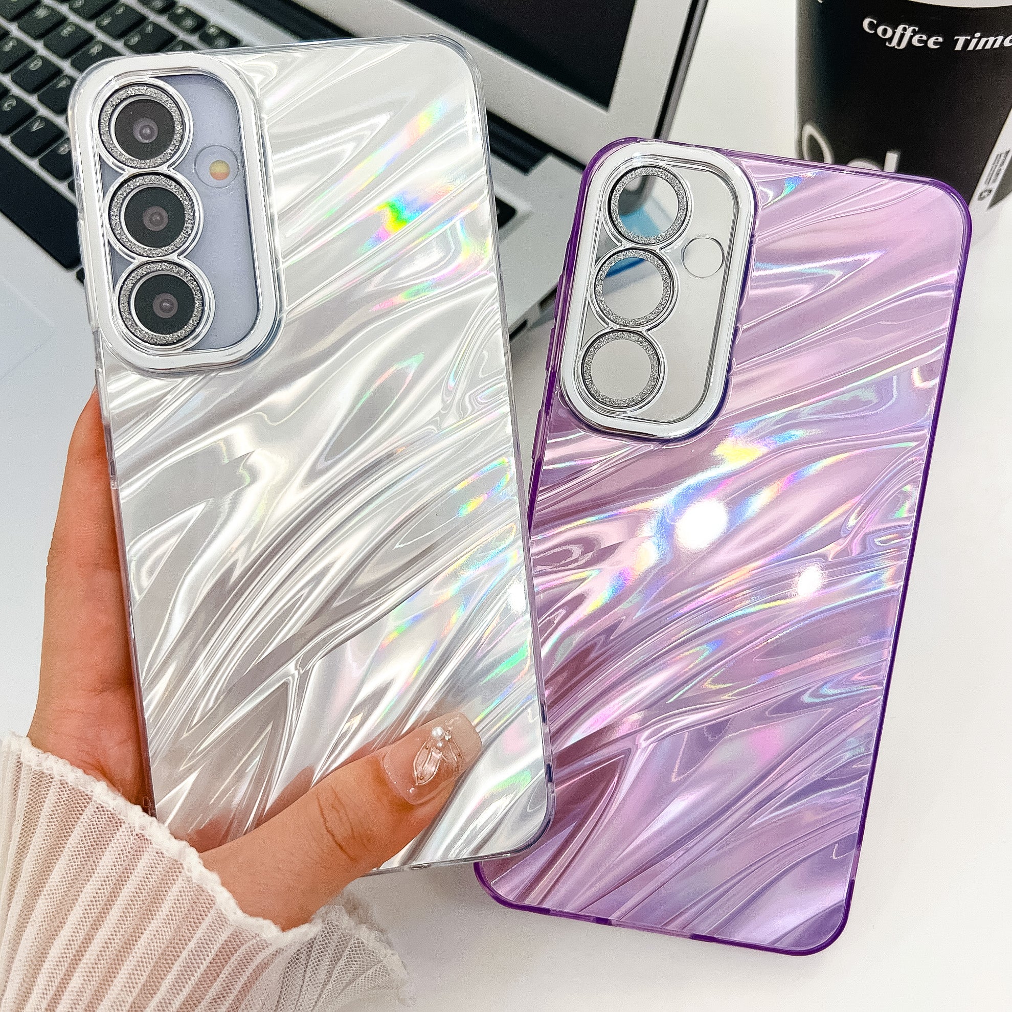 For Samsung Galaxy A16 4G / 5G Case IMD Design Shockproof PC+TPU Phone Cover with Glass Lens Film - Ripple Pattern / Silver