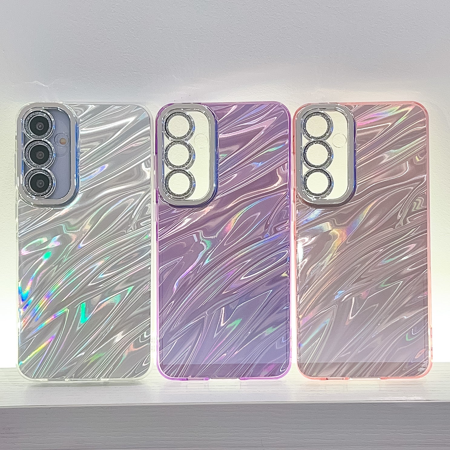 For Samsung Galaxy A16 4G / 5G Case IMD Design Shockproof PC+TPU Phone Cover with Glass Lens Film - Ripple Pattern / Silver
