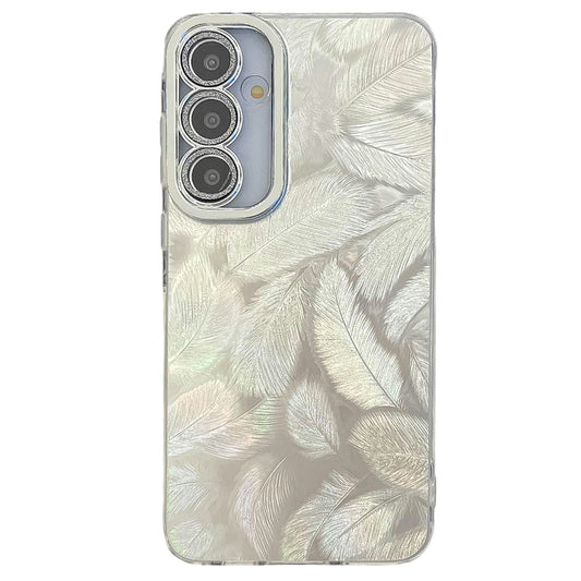 For Samsung Galaxy A16 4G / 5G Case IMD Design Shockproof PC+TPU Phone Cover with Glass Lens Film - Feather Pattern / Silver