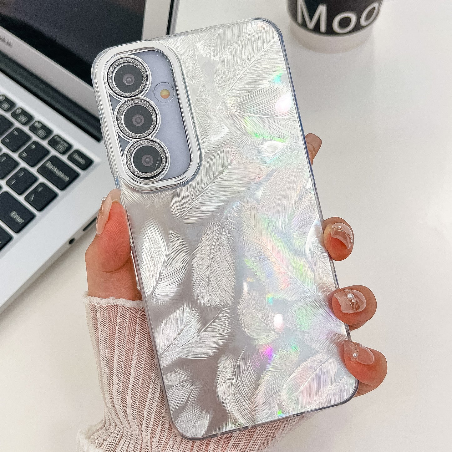 For Samsung Galaxy A16 4G / 5G Case IMD Design Shockproof PC+TPU Phone Cover with Glass Lens Film - Feather Pattern / Silver