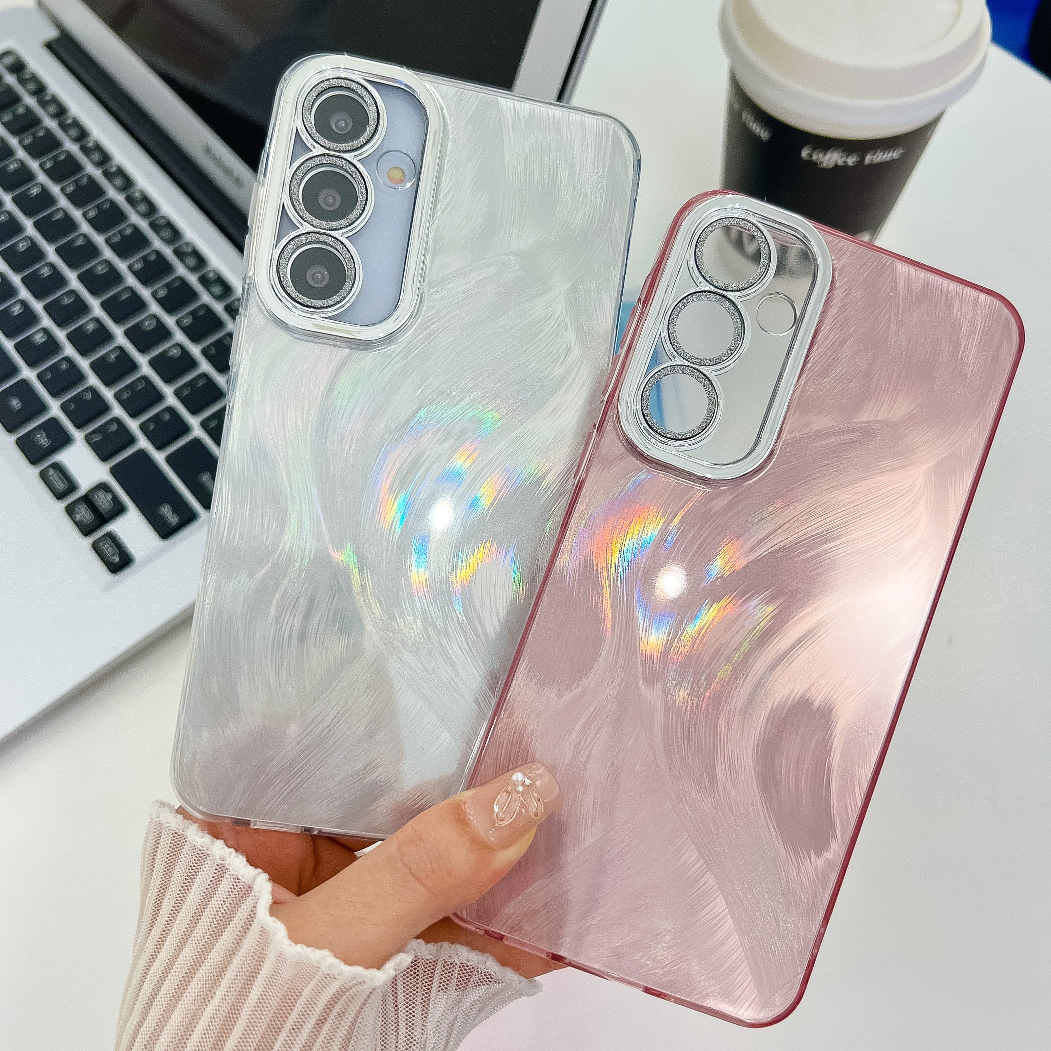For Samsung Galaxy A16 4G / 5G Case IMD Design Shockproof PC+TPU Phone Cover with Glass Lens Film - Feather Pattern / Pink