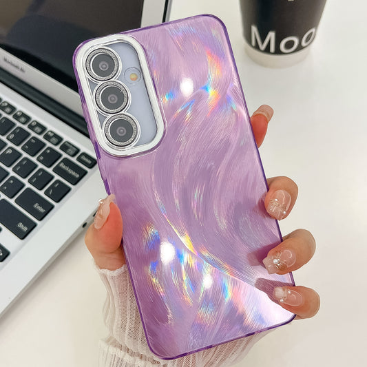 For Samsung Galaxy A16 4G / 5G Case IMD Design Shockproof PC+TPU Phone Cover with Glass Lens Film - Feather Yarn Pattern / Purple