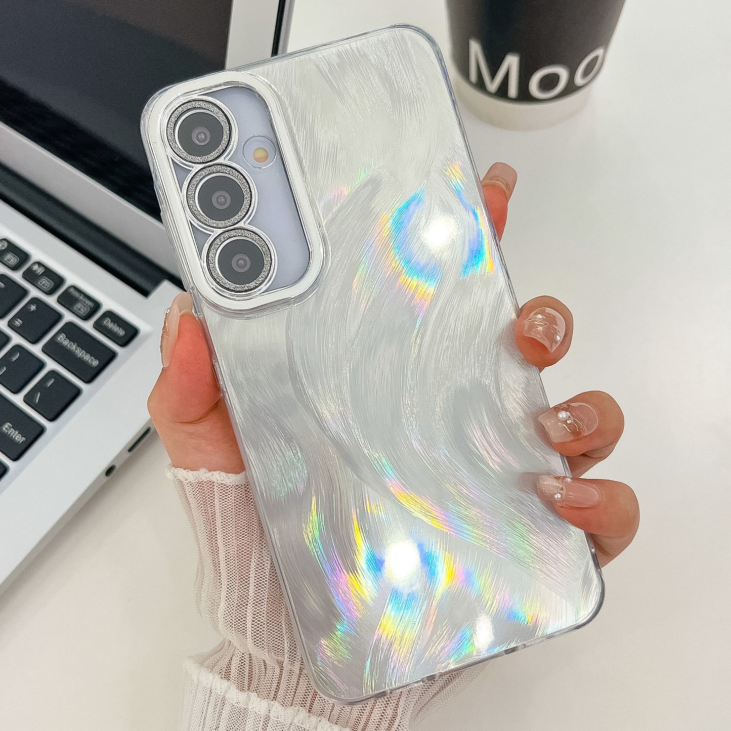 For Samsung Galaxy A16 4G / 5G Case IMD Design Shockproof PC+TPU Phone Cover with Glass Lens Film - Feather Yarn Pattern / Silver
