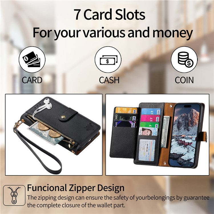 For Xiaomi Poco C75 4G / Redmi 14R 5G / 14C 4G Case RFID Blocking Zipper Pocket Leather Wallet Phone Cover - Black