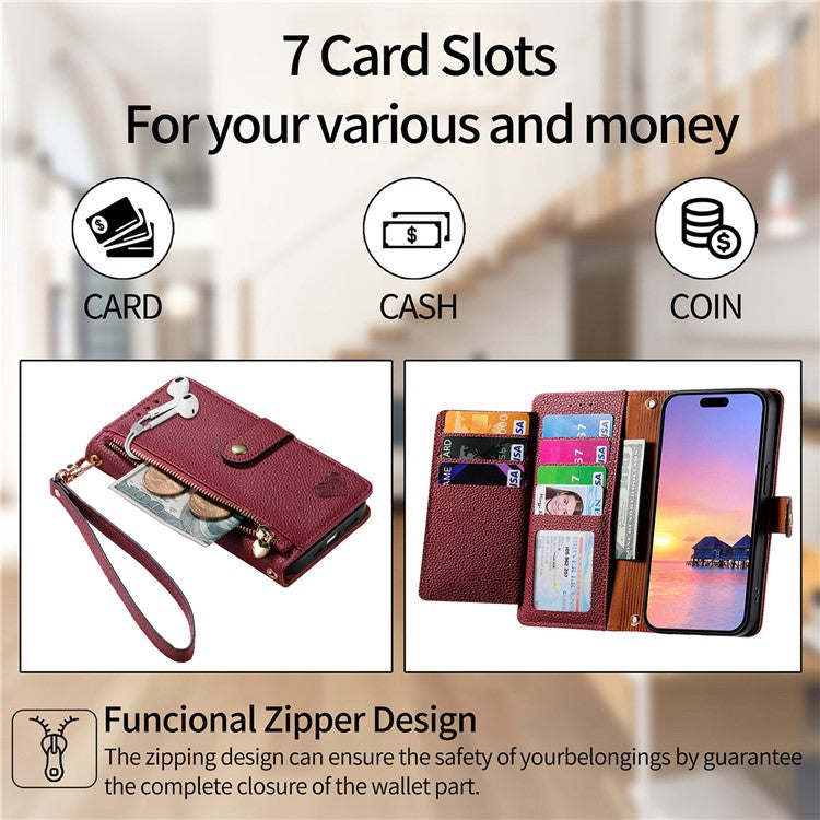 For Xiaomi Poco C75 4G / Redmi 14R 5G / 14C 4G Case RFID Blocking Zipper Pocket Leather Wallet Phone Cover - Red