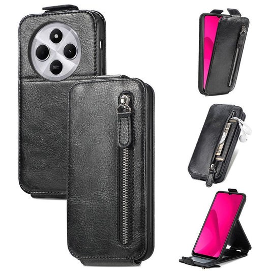 For Xiaomi Poco C75 4G / Redmi 14R 5G / 14C 4G Case Zipper Wallet Phone Leather Cover Vertical Flip Closing - Black