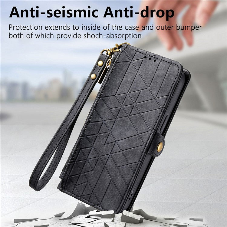 Zipper Phone Case For Xiaomi Redmi 14C 4G / 14R 5G / Poco C75 4G Wallet Geometry Lines Leather Phone Cover - Black